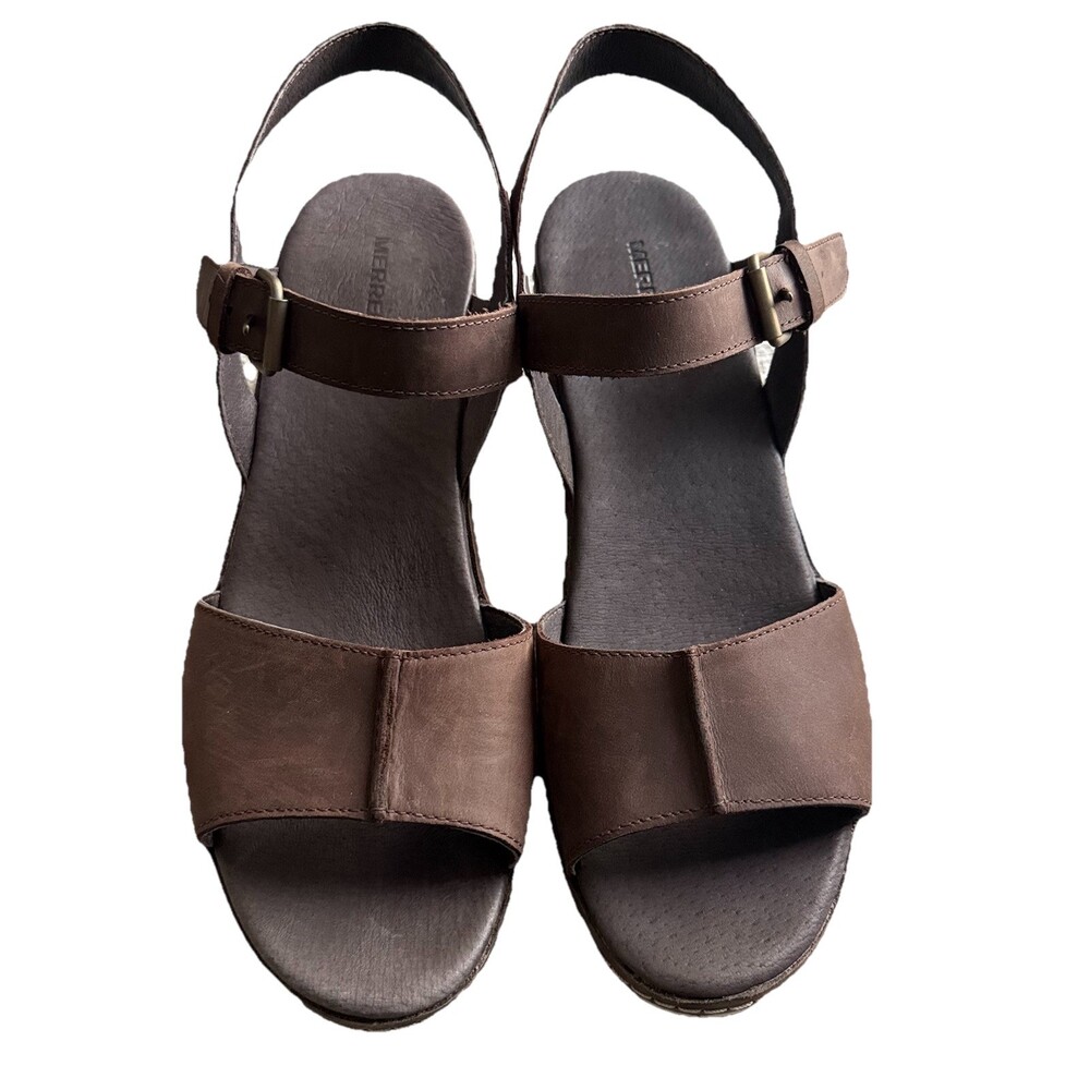 Merrell Women’s Size 11 Halendi Leather Platform Sandals Brown Buckle Strap NWOB